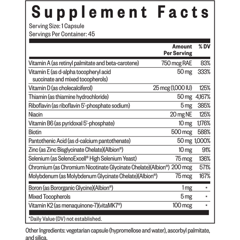 Multivitamin One Sensitive Supplement Facts Label