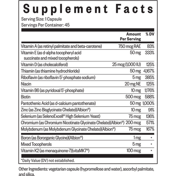 Multivitamin One Sensitive Supplement Facts Label