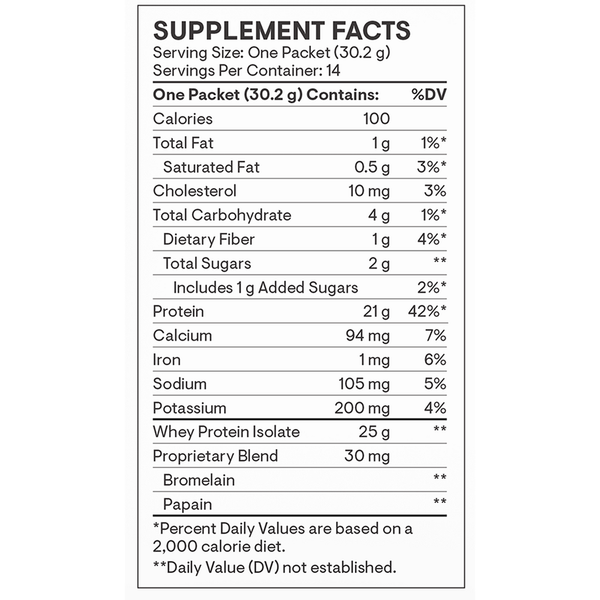 Whey Protein Isolate Packets Chocolate Supplement Facts Label