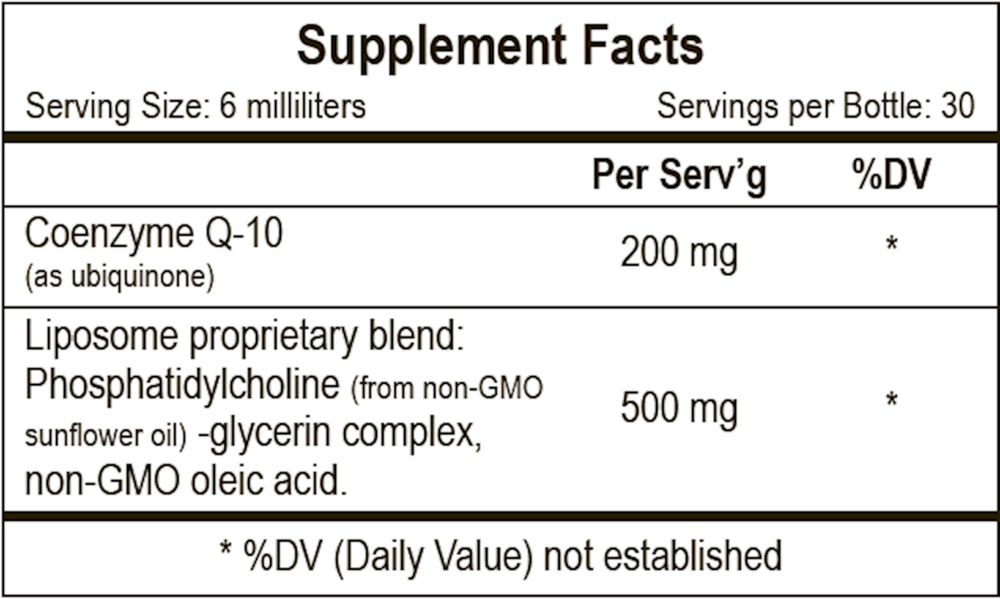 Liposomal CoQ10 Supplement Facts Label