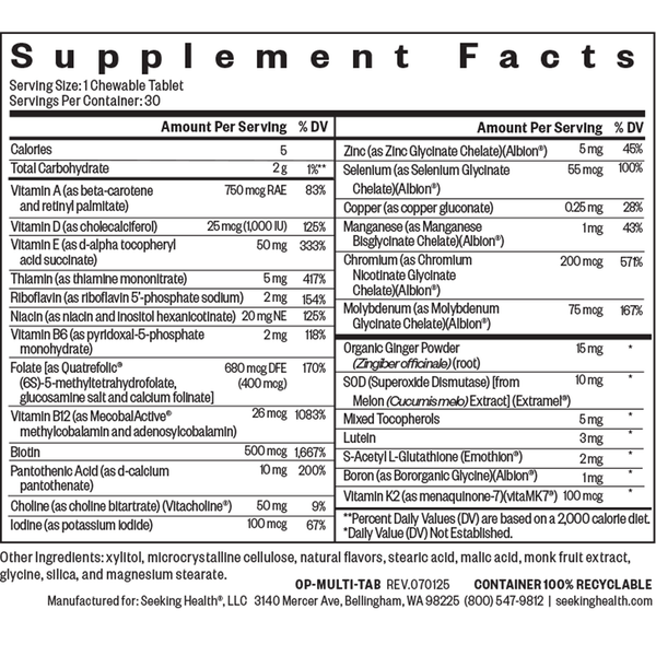 Multivitamin One Chewable (formerly Optimal Multivitamin Chewable) Supplement Facts Label