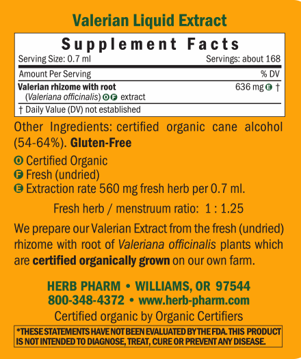 Valerian/Valeriana Officinalis Supplement Facts Label