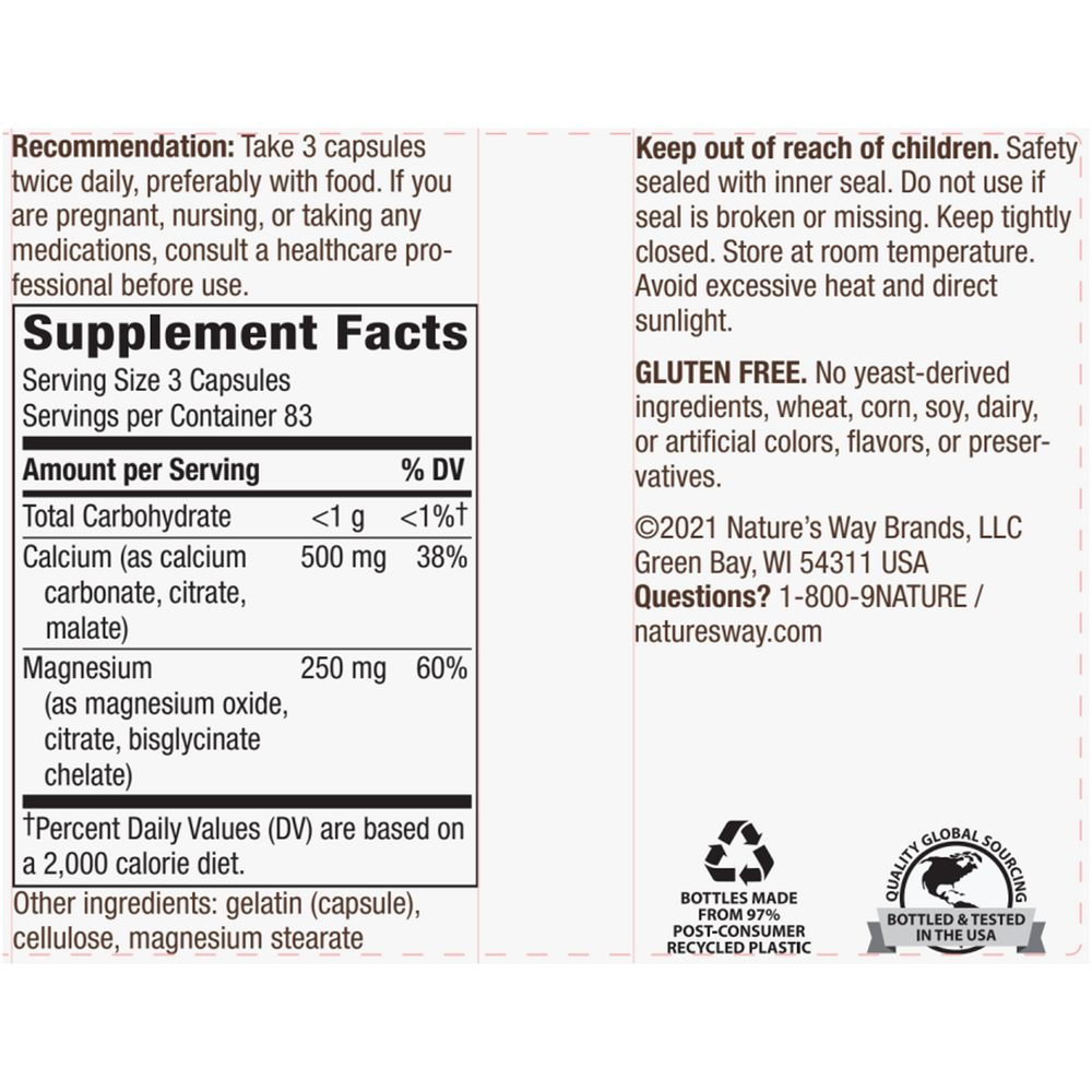 Calcium & Magnesium 250 capsules Supplement Facts Label