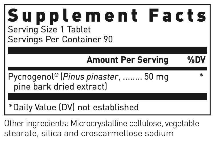 Pycnogenol (50 Mg) 90 Count Supplement Facts Label