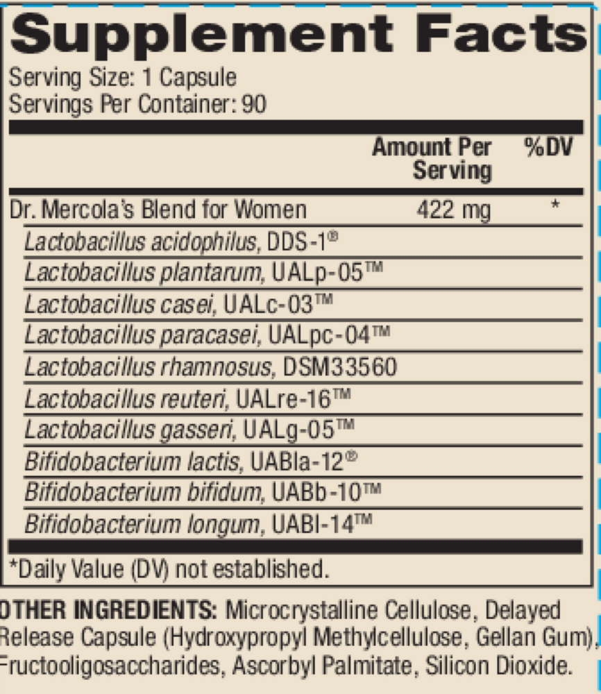 Complete Probiotics for Women 90 Count Supplement Facts Label