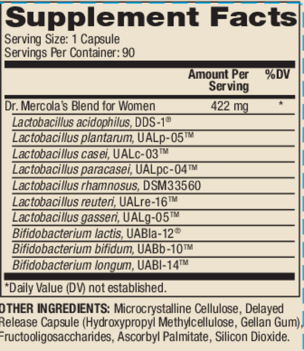 Complete Probiotics for Women 90 Count Supplement Facts Label