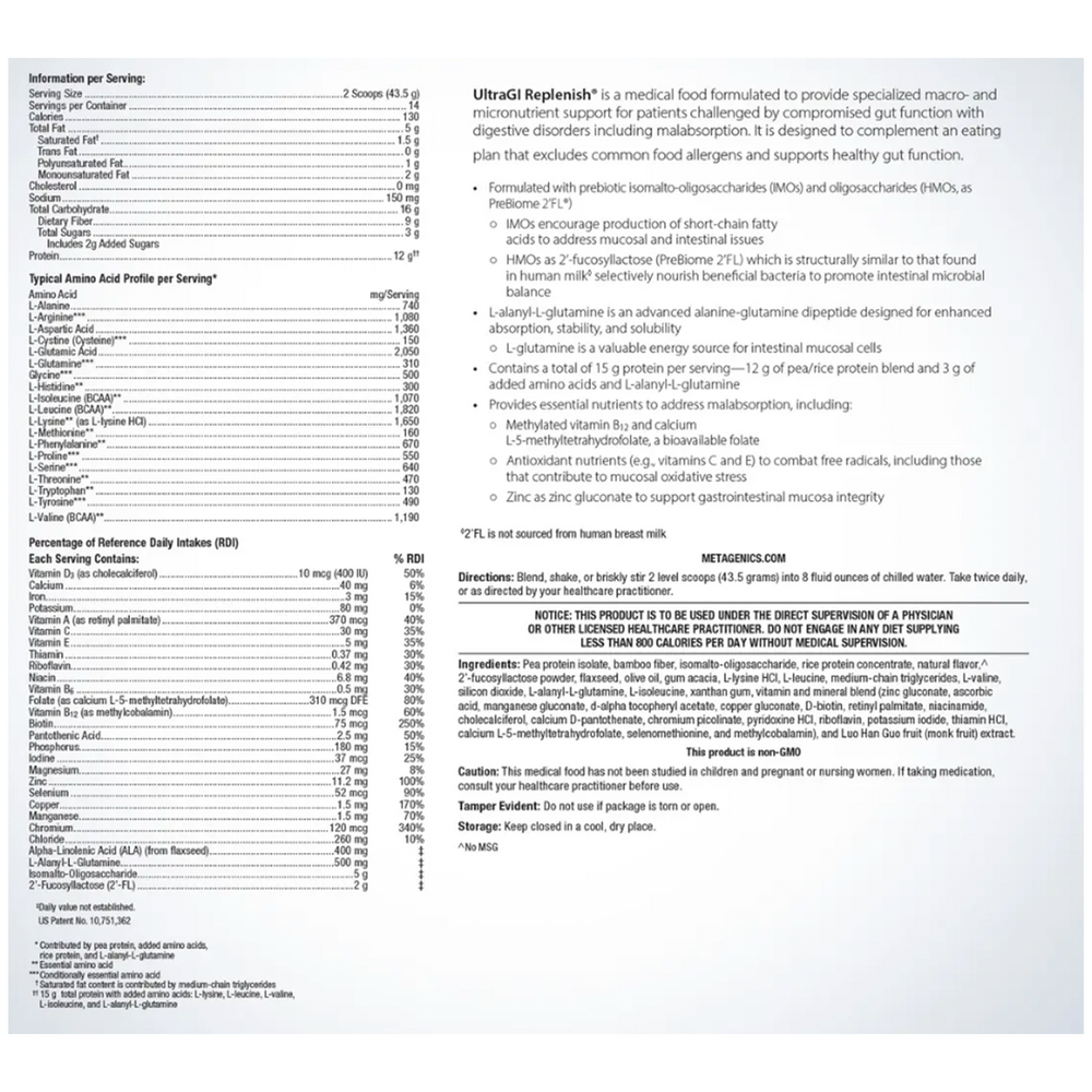 UltraGI Replenish Vanilla Supplement Facts Label