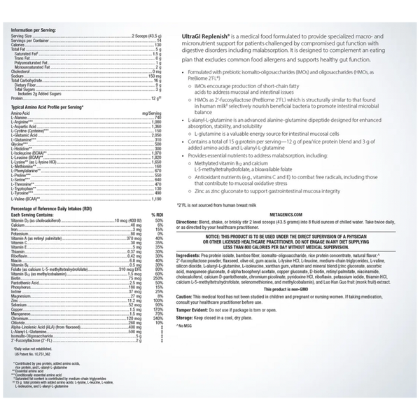 UltraGI Replenish Vanilla Supplement Facts Label