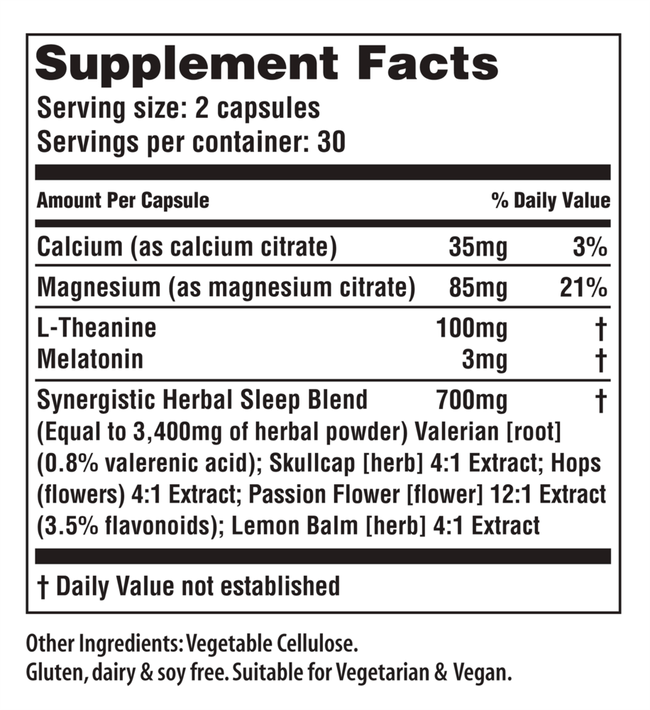 Serene Sleep Supplement Facts Label