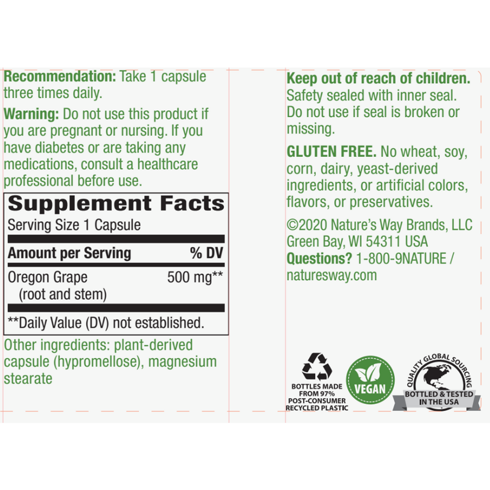Oregon Grape Root Supplement Facts Label
