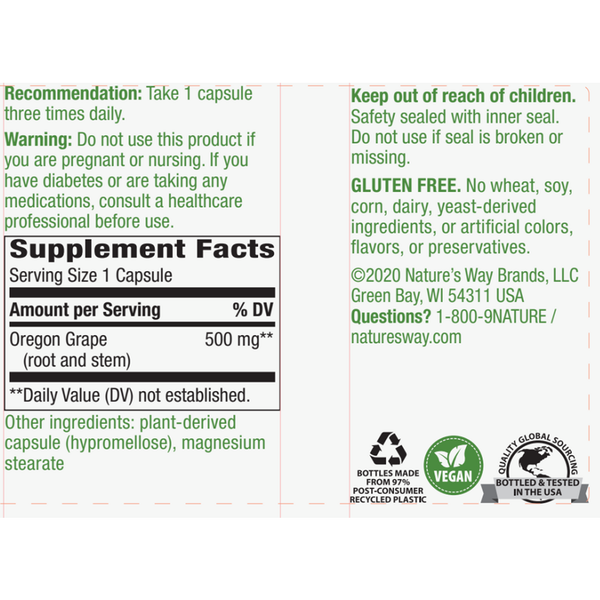 Oregon Grape Root Supplement Facts Label