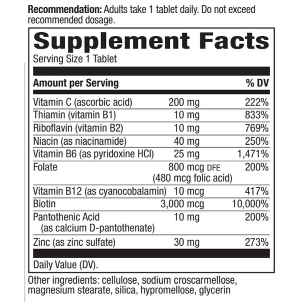 Biotin Forte 3 mg with Zinc Supplement Facts Label
