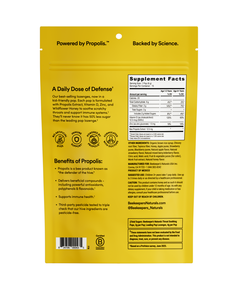 Kid’s Propolis Soothing Lollipops Supplement Facts Label