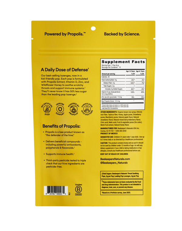 Kid’s Propolis Soothing Lollipops Supplement Facts Label