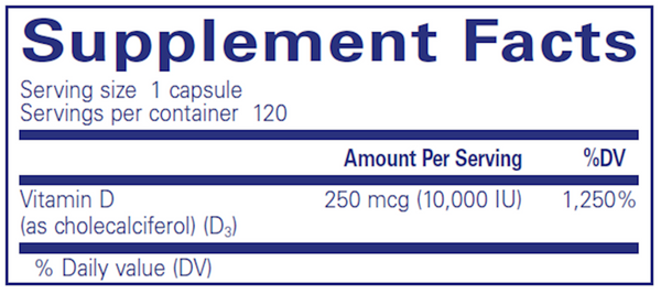 Vitamin D3  250 mcg (10,000 IU) Supplement Facts Label