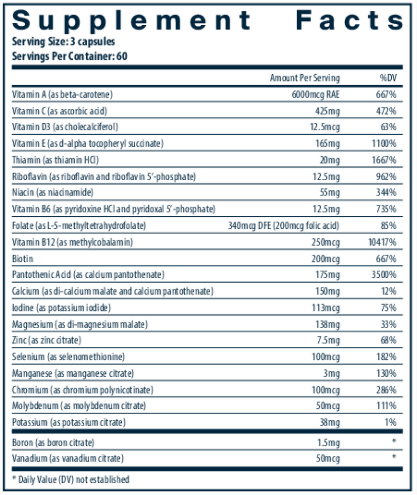 Multi-Nutrients citrate/malate (without Copper & without Iron) Supplement Facts Label