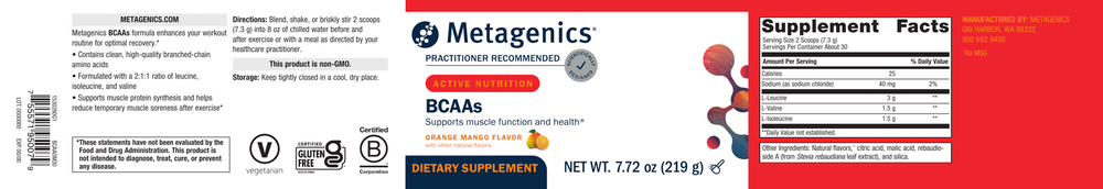 BCAA Orange Mango Powder Supplement Facts Label