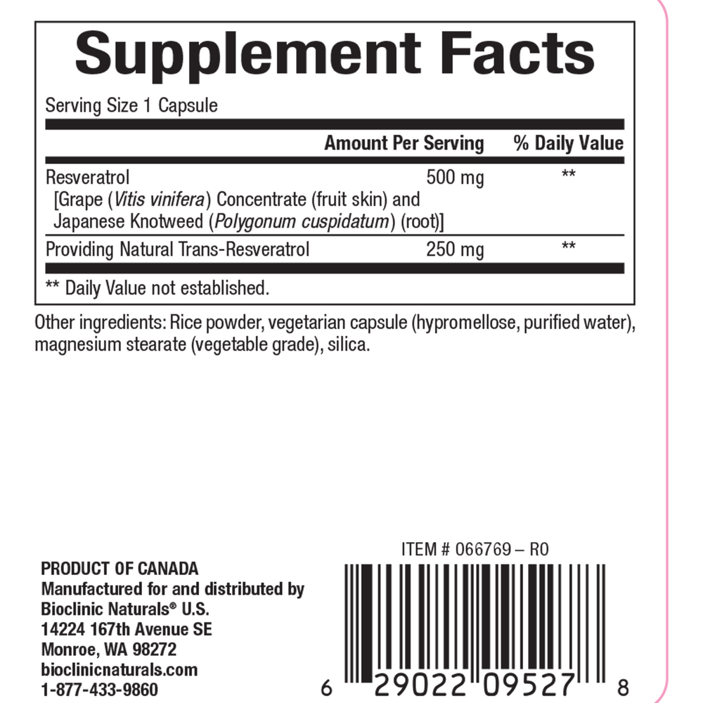 Resveratrol Supplement Facts Label