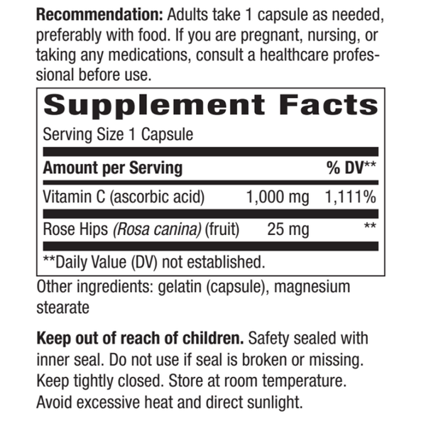 Vitamin C 1,000 with Rose Hips 250 capsules Supplement Facts Label