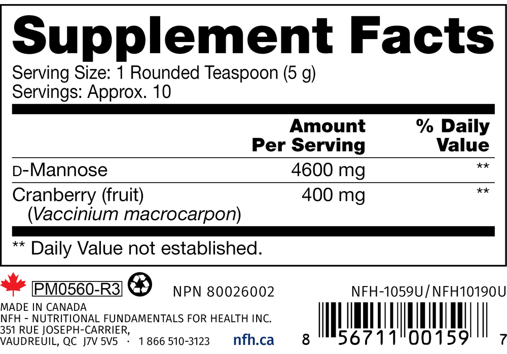 D-Mannose SAP Supplement Facts Label