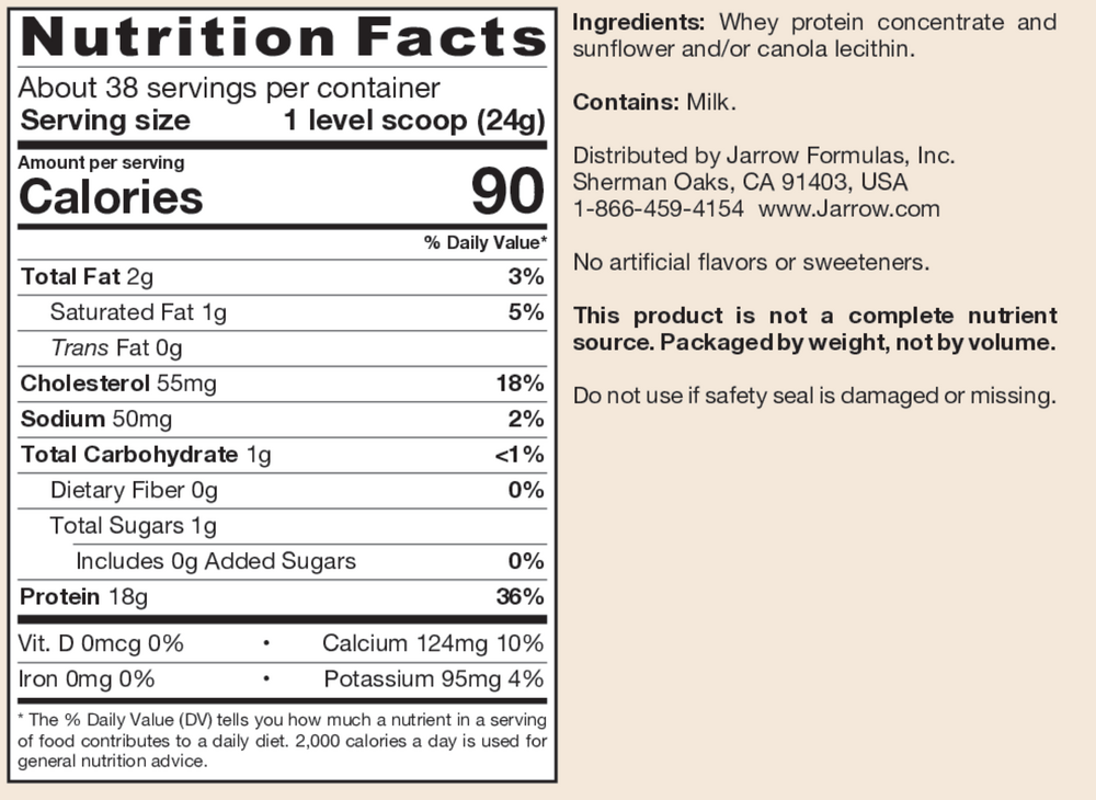 Whey Protein Unflavored Supplement Facts Label