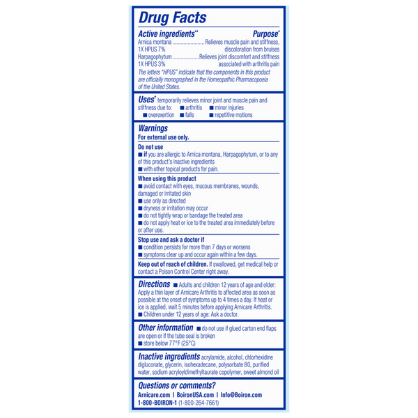 Arnicare Arthritis Cream Supplement Facts Label
