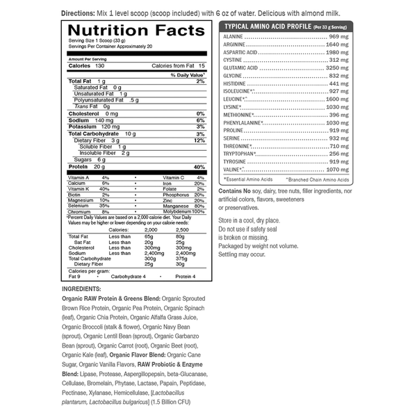 RAW Protein and Greens Lightly Sweet Supplement Facts Label
