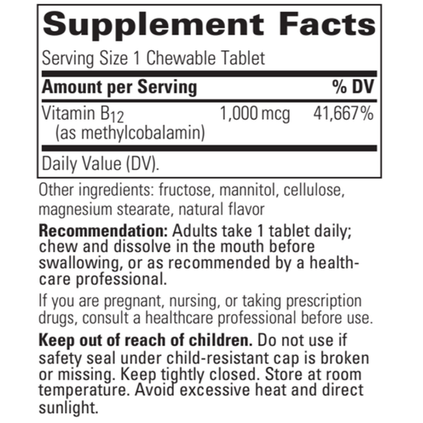 B12-Active Cherry Flavored Chewable Supplement Facts Label