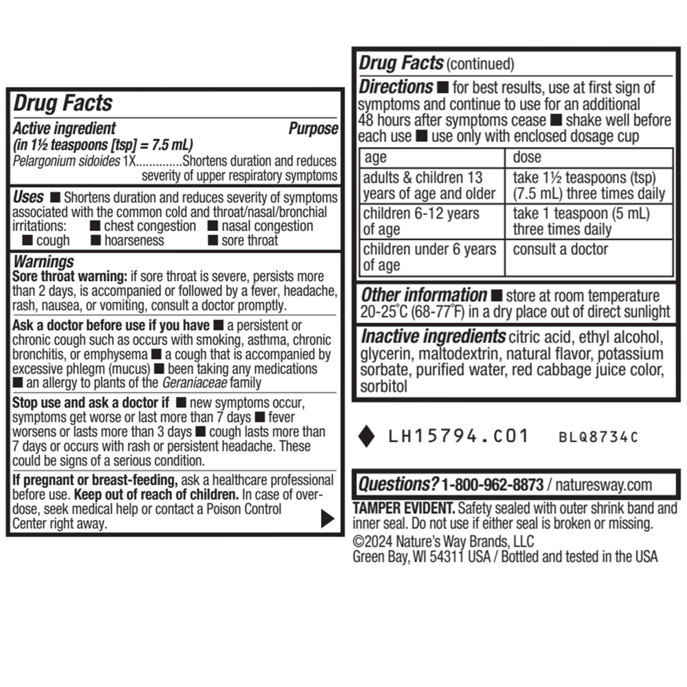Umcka ColdCare Sugar-Free Grape Syrup 4 oz Supplement Facts Label