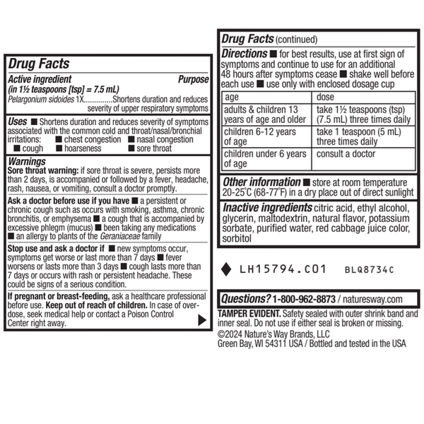 Umcka ColdCare Sugar-Free Grape Syrup 4 oz Supplement Facts Label