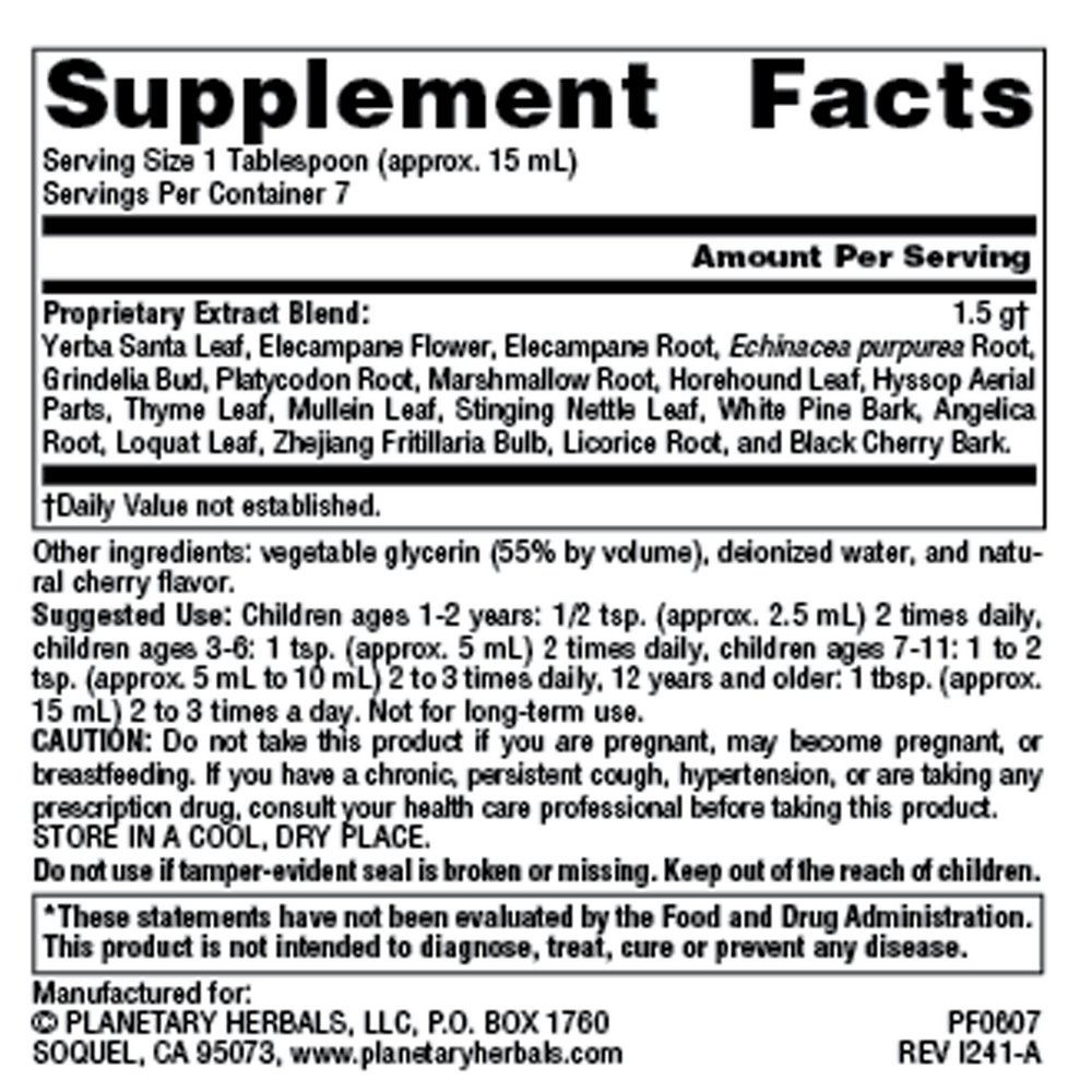 Dr. Tierra's Wild Cherry Bark Syrup For Kids Supplement Facts Label