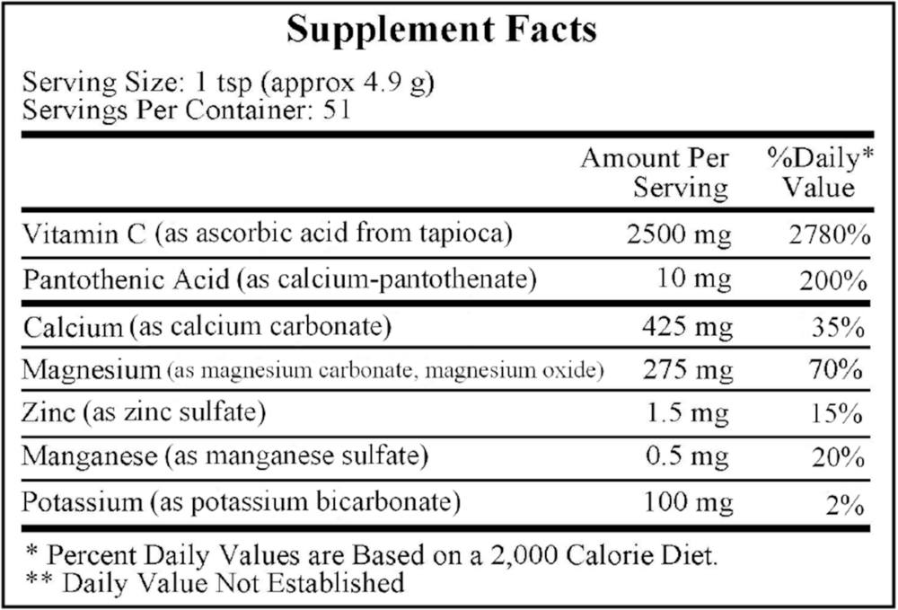 Buffered Vitamin C Crystals Supplement Facts Label