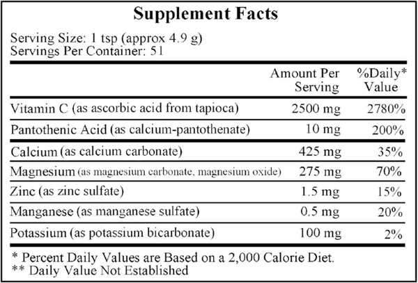 Buffered Vitamin C Crystals Supplement Facts Label