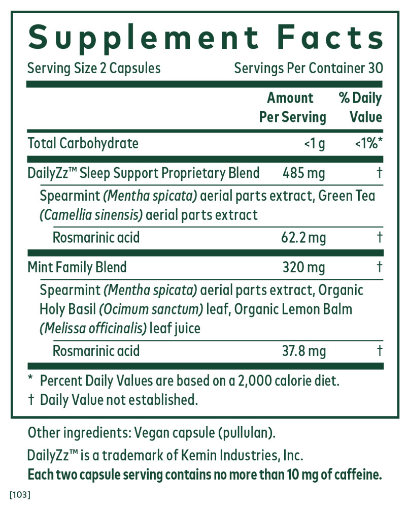 Somni-Mint Rosmarinic Complex Supplement Facts Label