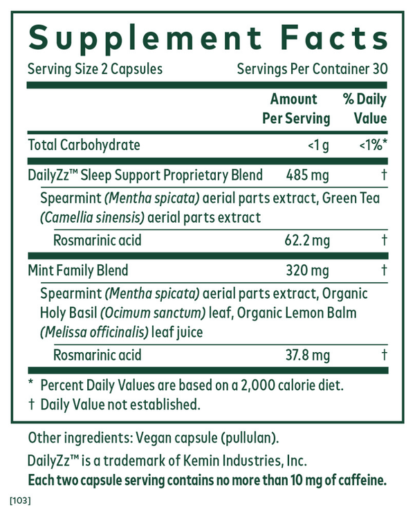 Somni-Mint Rosmarinic Complex Supplement Facts Label