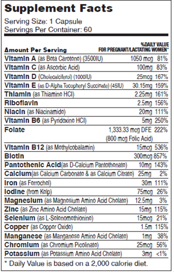 Total One Prenatal Supplement Facts Label