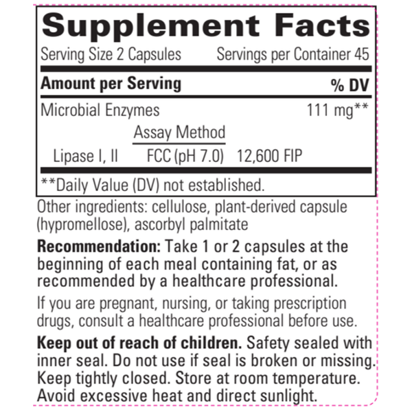 Lipase Concentrate HP – High Potency Supplement Facts Label