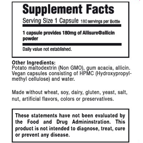 Allimax 100% Allicin Supplement Facts Label