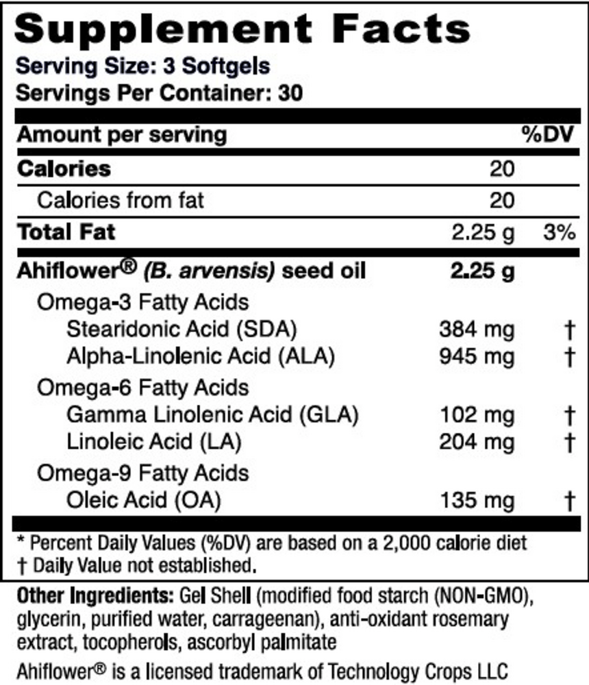 Ahiflower Oil Vegan Omega-3 Supplement Facts Label