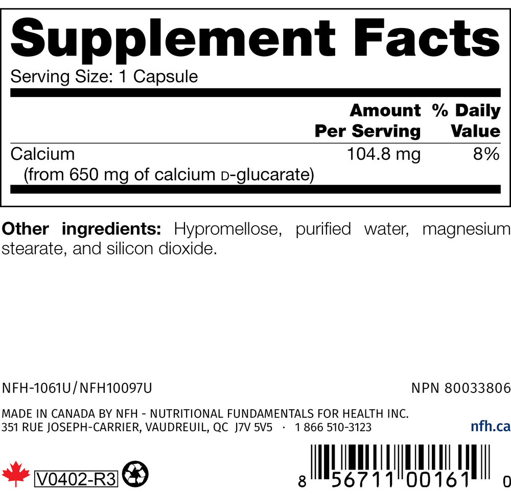 Calcium D-Glucarate SAP Supplement Facts Label