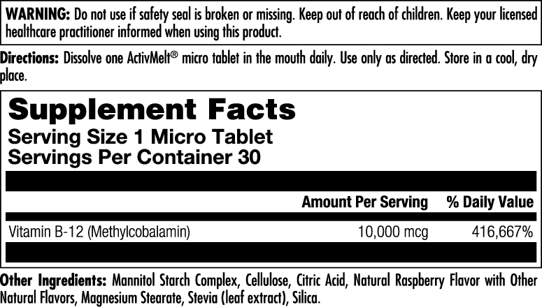 Ultra B-12 Methylcobalamin Raspberry Supplement Facts Label