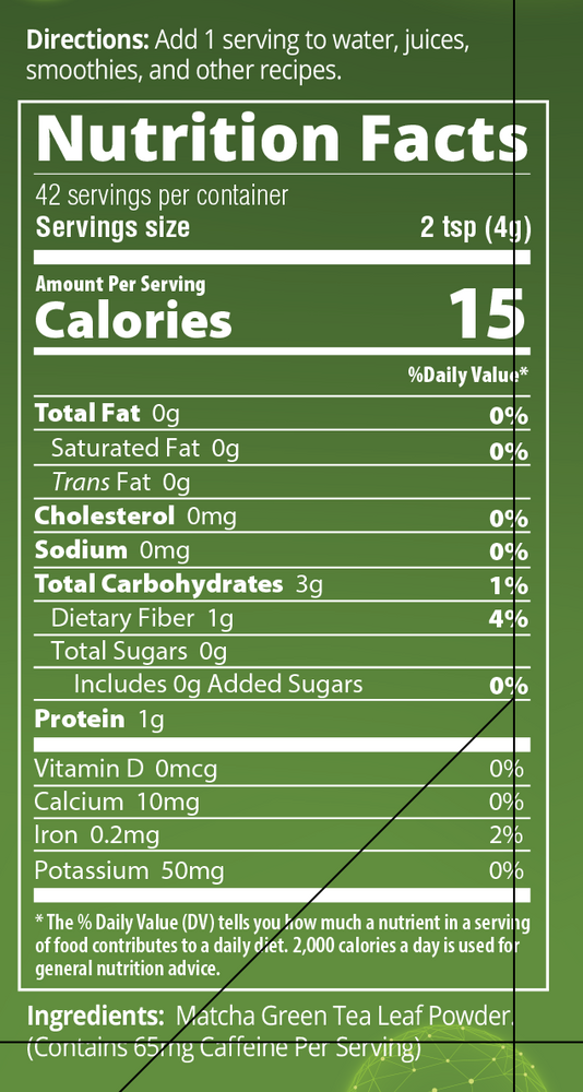 Raw Matcha Green Tea Powder Supplement Facts Label