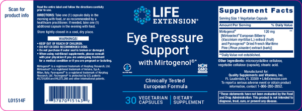 Eye Pressure Support with Mirtogenol® Supplement Facts Label
