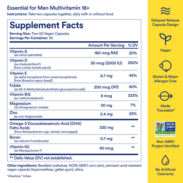 Essential for Men Multivitamin 18+ Supplement Facts Label
