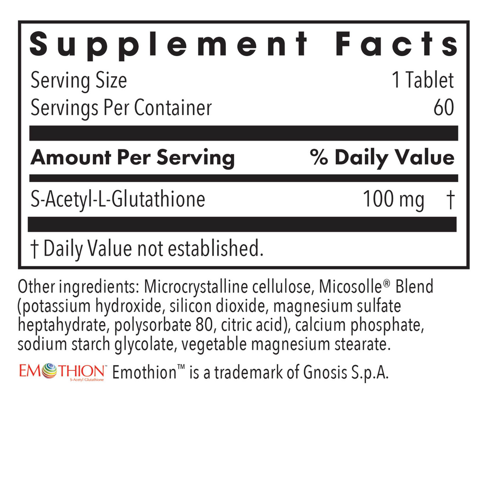 Acetyl-Glutathione 100 mg Supplement Facts Label
