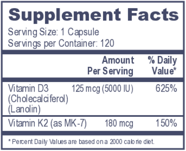 Vitamin D3 5000 with K2 Supplement Facts Label