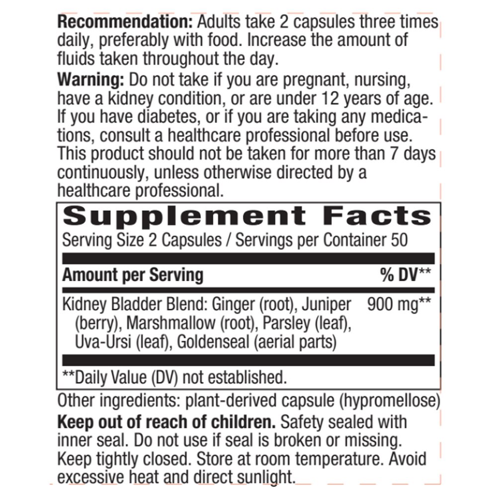 Kidney Bladder 100 veg capsules Supplement Facts Label