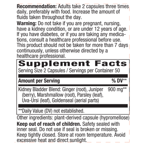 Kidney Bladder 100 veg capsules Supplement Facts Label
