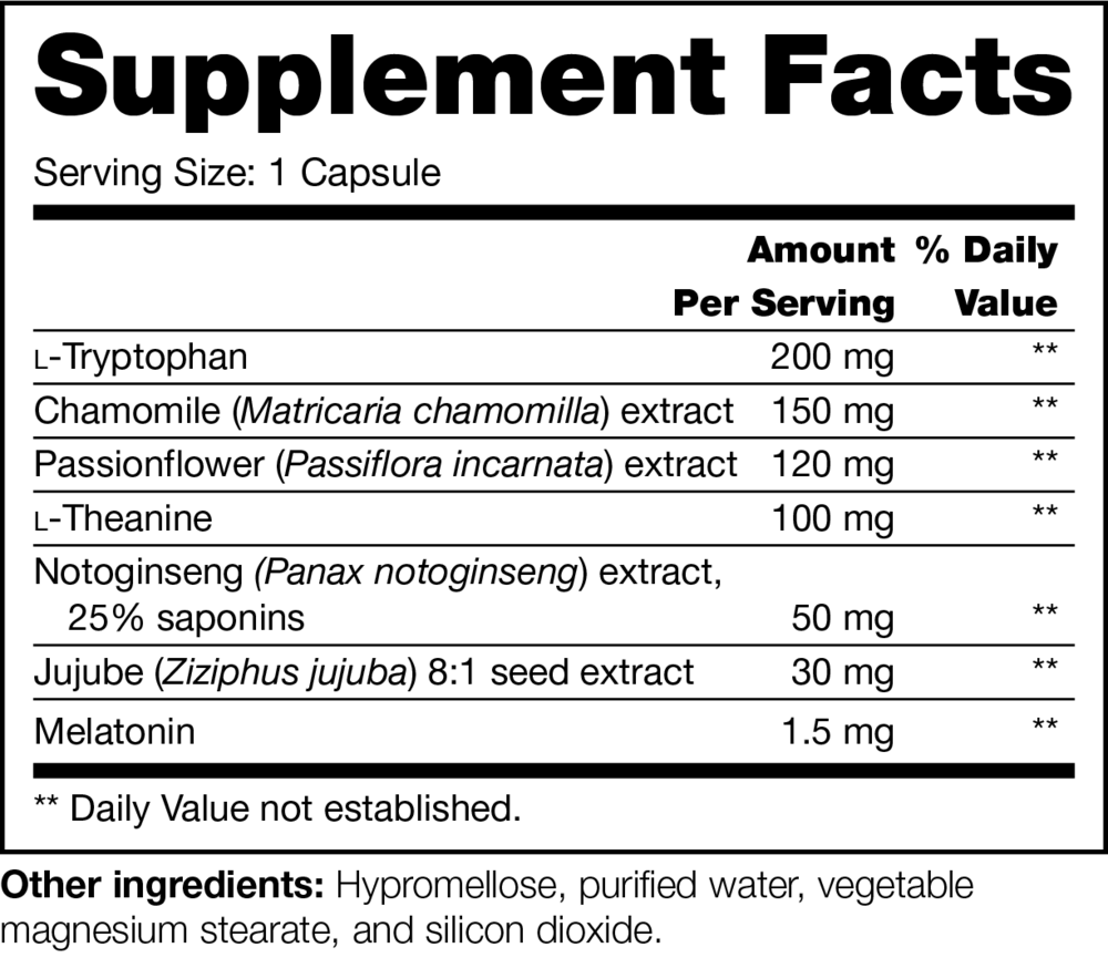 Calm Sleep SAP Supplement Facts Label