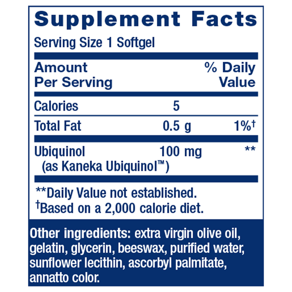 Super Ubiquinol CoQ10 Supplement Facts Label